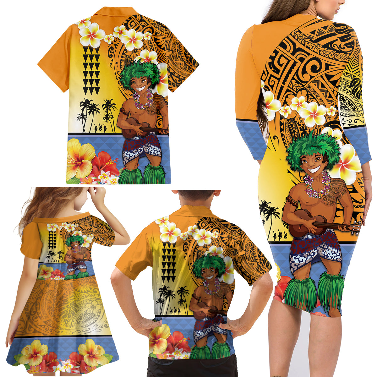 Happy Lei Day Family Matching Long Sleeve Bodycon Dress and Hawaiian Shirt Hula Male Dancer Polynesian Flower Kakau Pattern