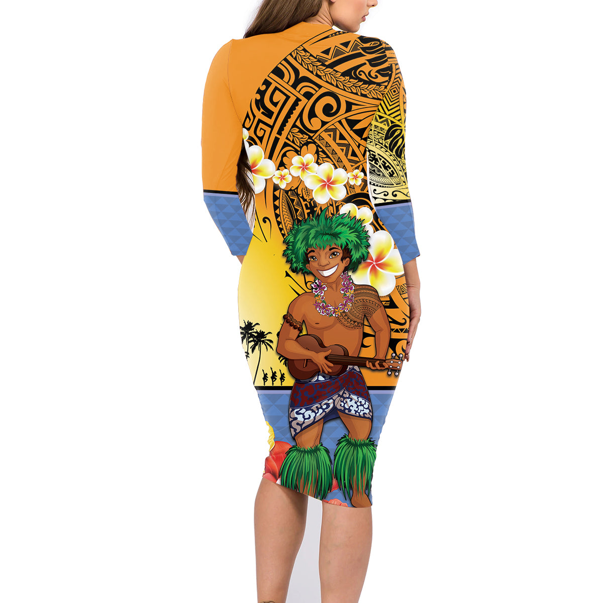 Happy Lei Day Family Matching Long Sleeve Bodycon Dress and Hawaiian Shirt Hula Male Dancer Polynesian Flower Kakau Pattern