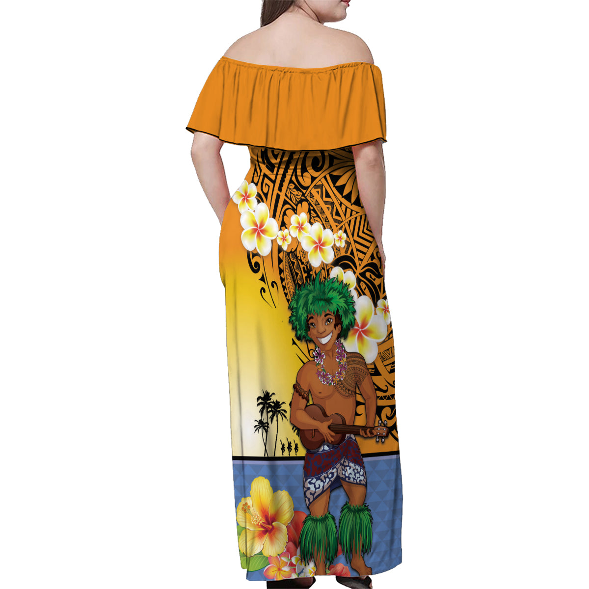 Happy Lei Day Family Matching Off Shoulder Maxi Dress and Hawaiian Shirt Hula Male Dancer Polynesian Flower Kakau Pattern