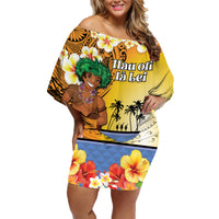 Happy Lei Day Family Matching Off Shoulder Short Dress and Hawaiian Shirt Hula Male Dancer Polynesian Flower Kakau Pattern