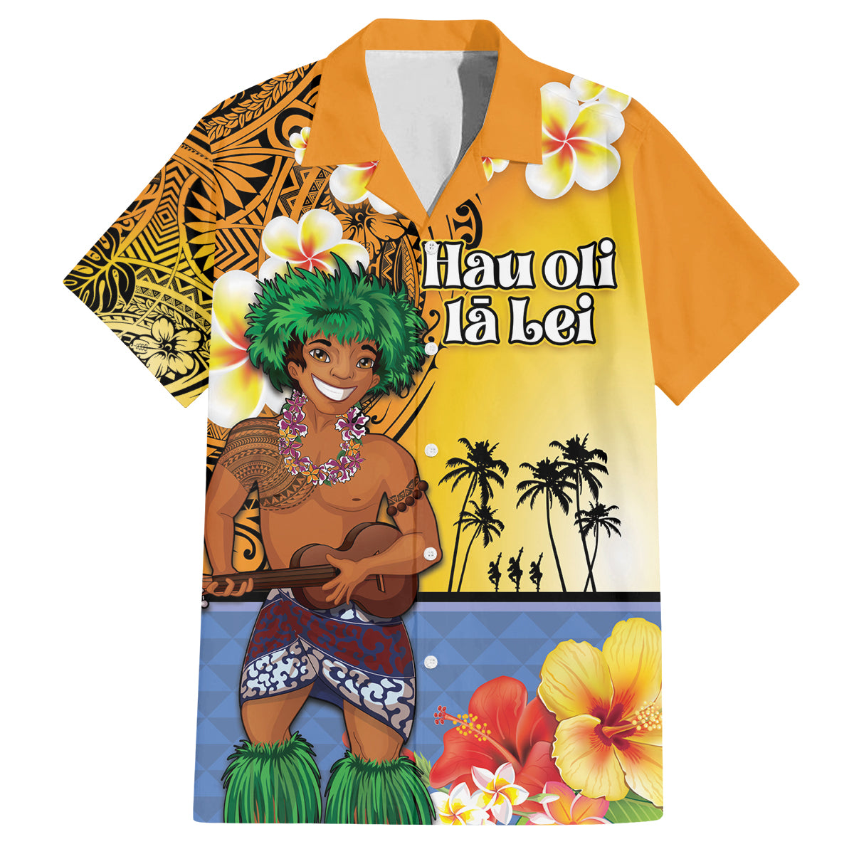 Happy Lei Day Family Matching Puletasi and Hawaiian Shirt Hula Male Dancer Polynesian Flower Kakau Pattern LT03 Dad's Shirt - Short Sleeve Yellow - Polynesian Pride