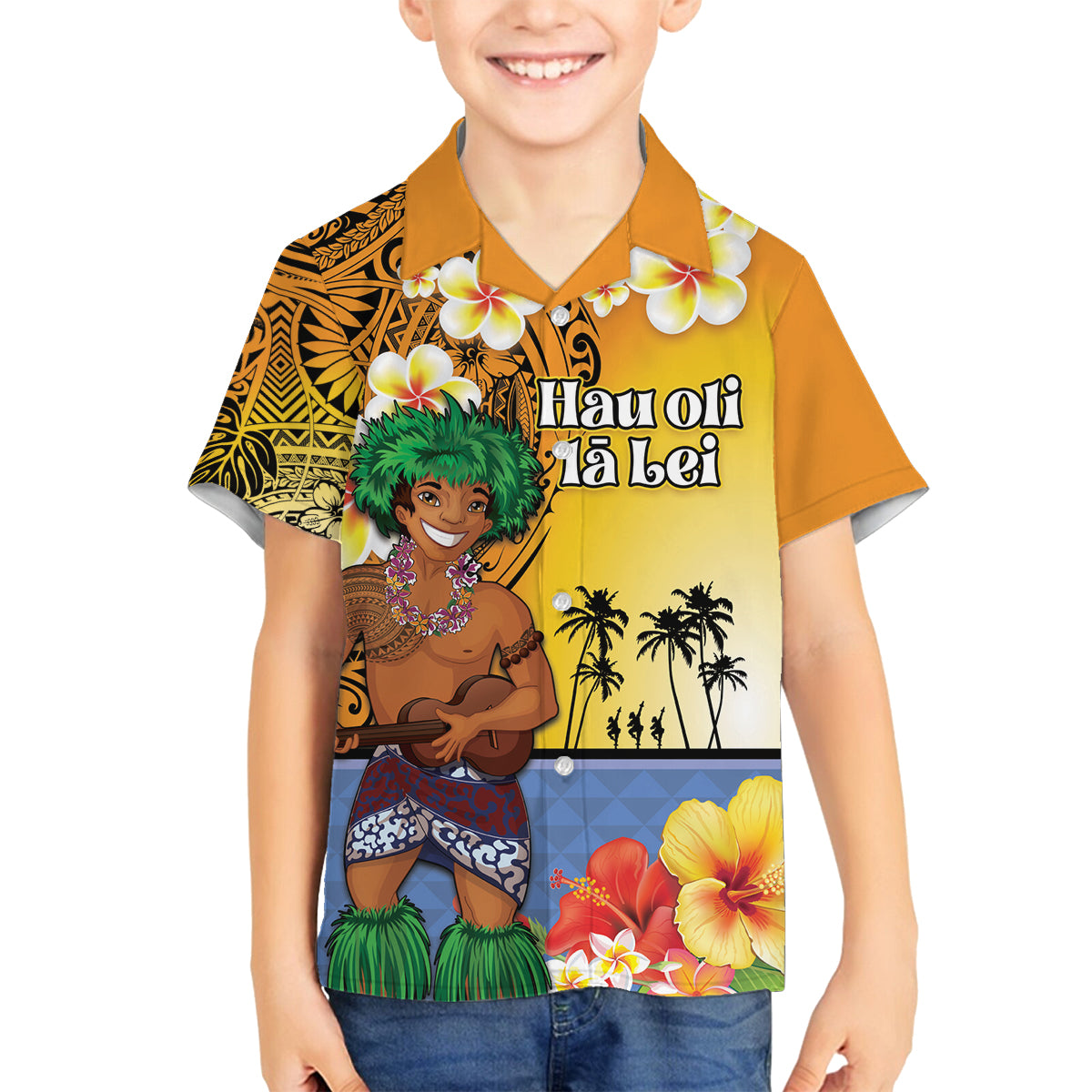 Happy Lei Day Family Matching Puletasi and Hawaiian Shirt Hula Male Dancer Polynesian Flower Kakau Pattern LT03 Son's Shirt Yellow - Polynesian Pride