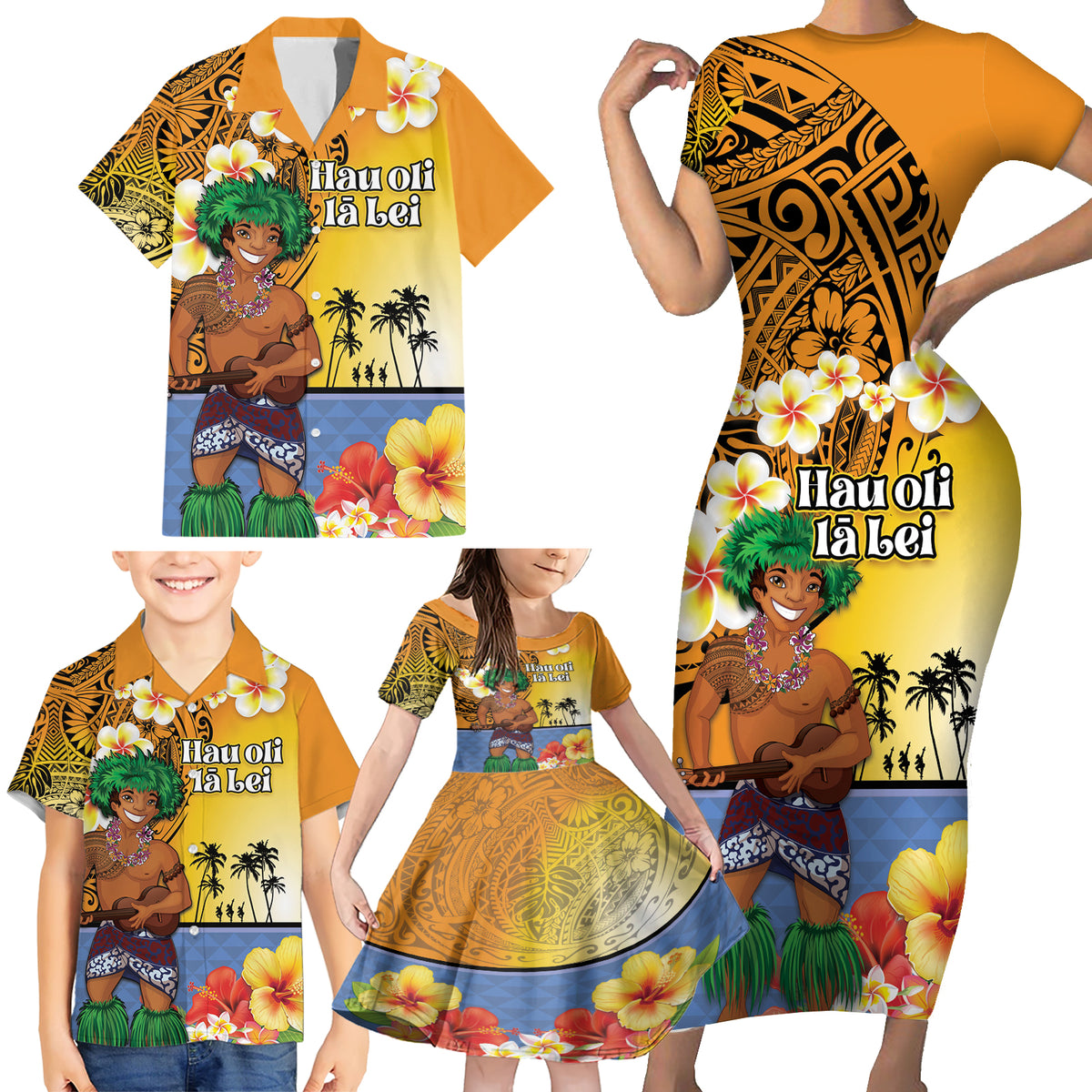 Happy Lei Day Family Matching Short Sleeve Bodycon Dress and Hawaiian Shirt Hula Male Dancer Polynesian Flower Kakau Pattern LT03 - Polynesian Pride