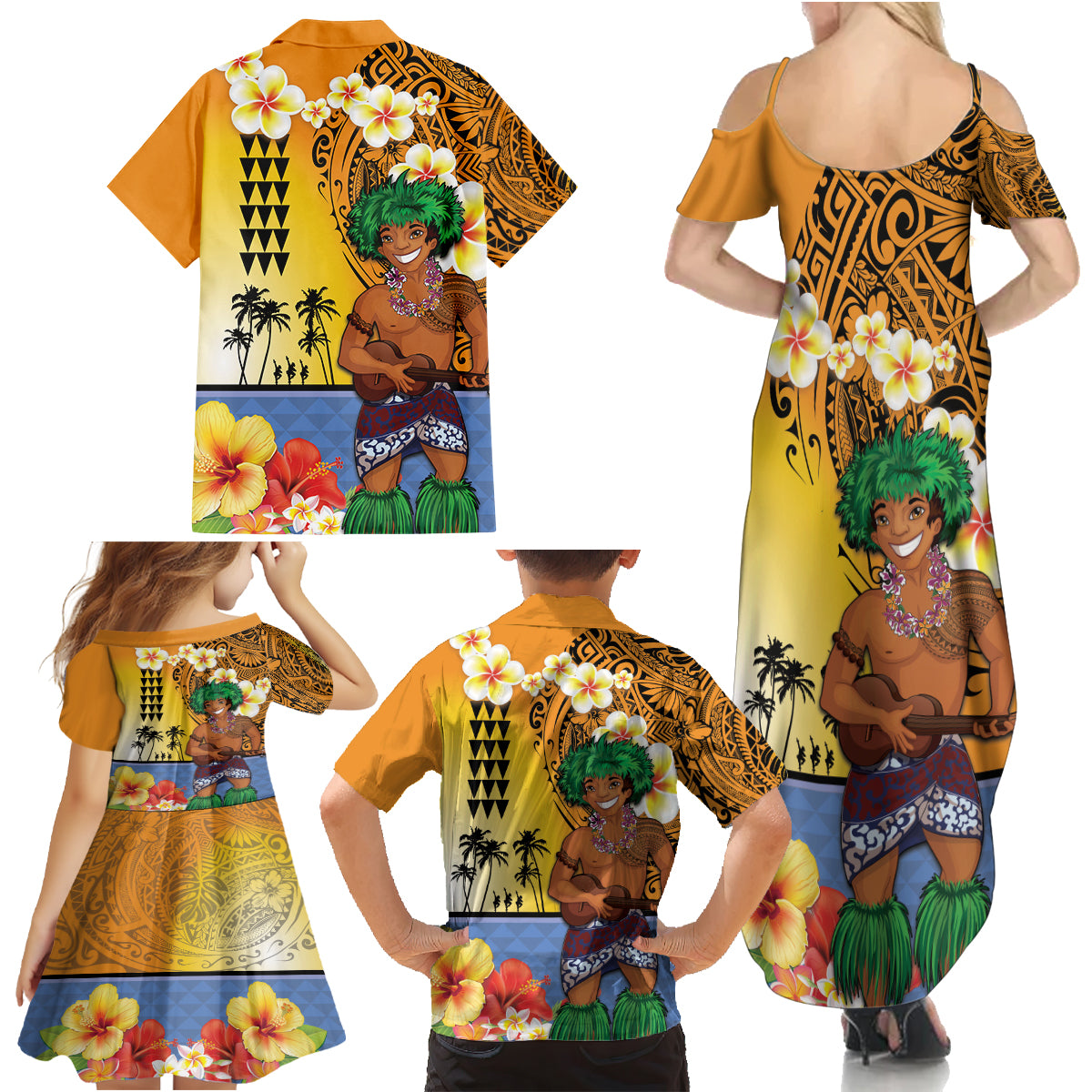 Happy Lei Day Family Matching Summer Maxi Dress and Hawaiian Shirt Hula Male Dancer Polynesian Flower Kakau Pattern