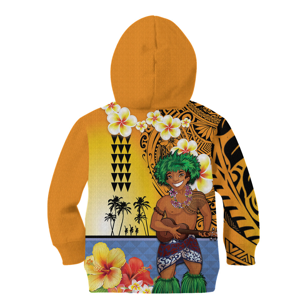 Happy Lei Day Kid Hoodie Hula Male Dancer Polynesian Flower Kakau Pattern