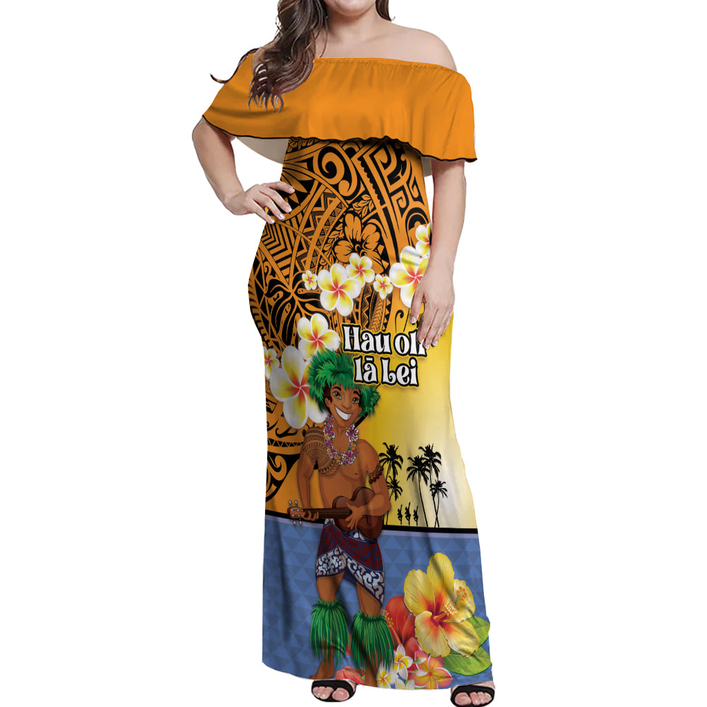 Happy Lei Day Off Shoulder Maxi Dress Hula Male Dancer Polynesian Flower Kakau Pattern LT03 Women Yellow - Polynesian Pride