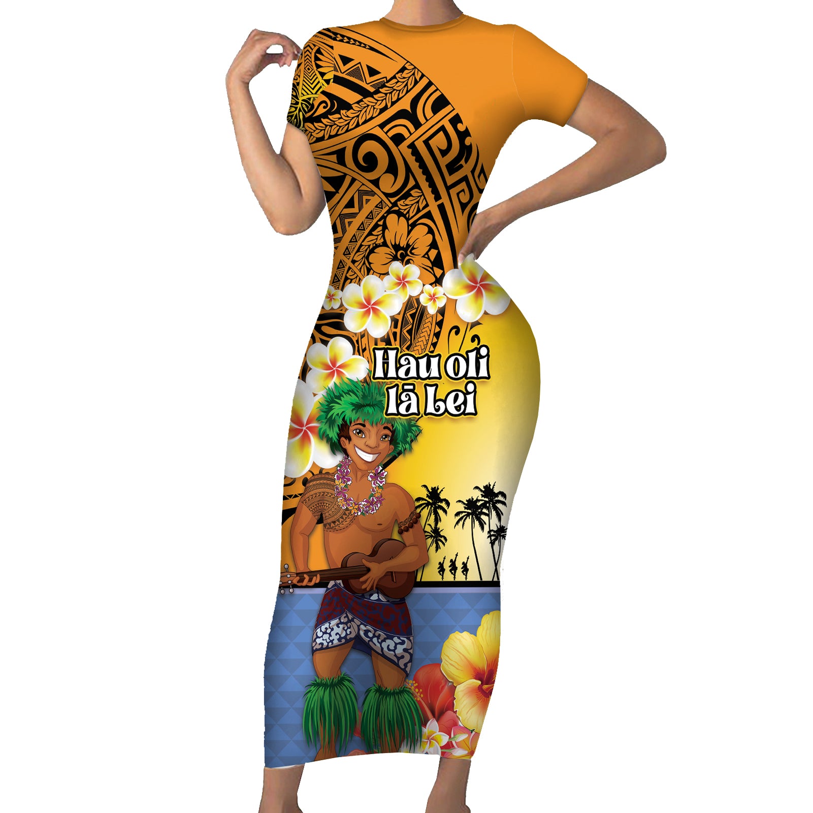 Happy Lei Day Short Sleeve Bodycon Dress Hula Male Dancer Polynesian Flower Kakau Pattern