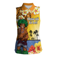Happy Lei Day Women Sleeveless Polo Shirt Hula Male Dancer Polynesian Flower Kakau Pattern LT03 Female Yellow - Polynesian Pride