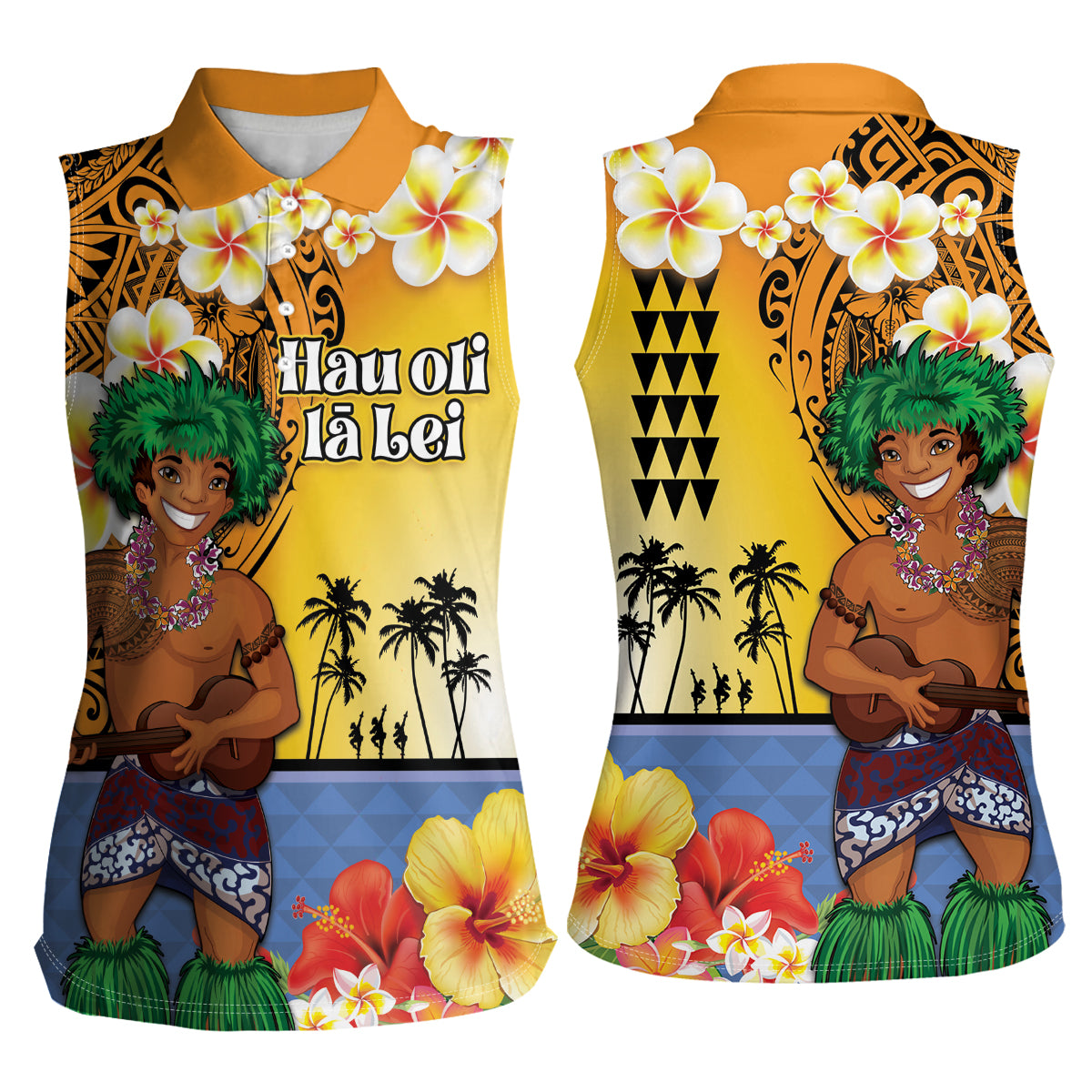Happy Lei Day Women Sleeveless Polo Shirt Hula Male Dancer Polynesian Flower Kakau Pattern LT03 - Polynesian Pride