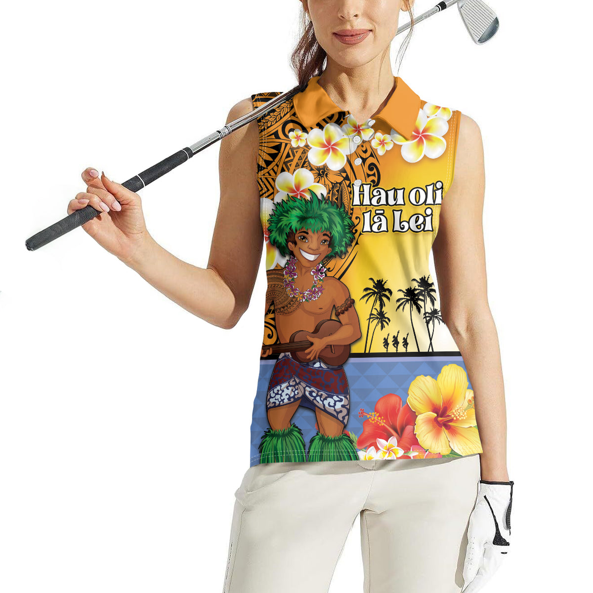 Happy Lei Day Women Sleeveless Polo Shirt Hula Male Dancer Polynesian Flower Kakau Pattern LT03 - Polynesian Pride