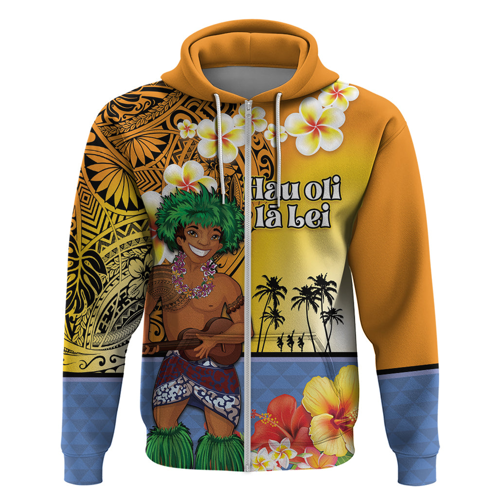 Happy Lei Day Zip Hoodie Hula Male Dancer Polynesian Flower Kakau Pattern