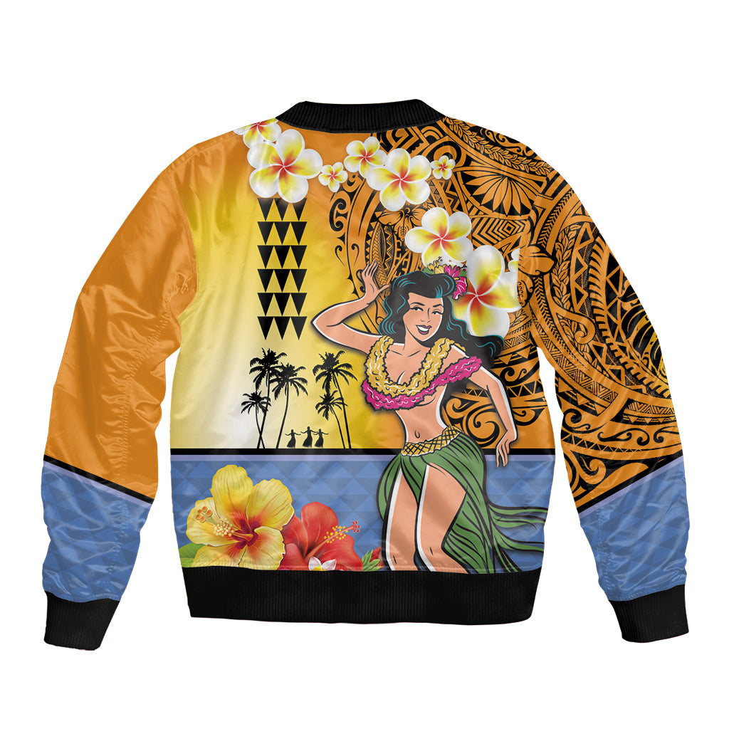 Happy Lei Day Bomber Jacket Hula Girl Polynesian Flower Kakau Pattern