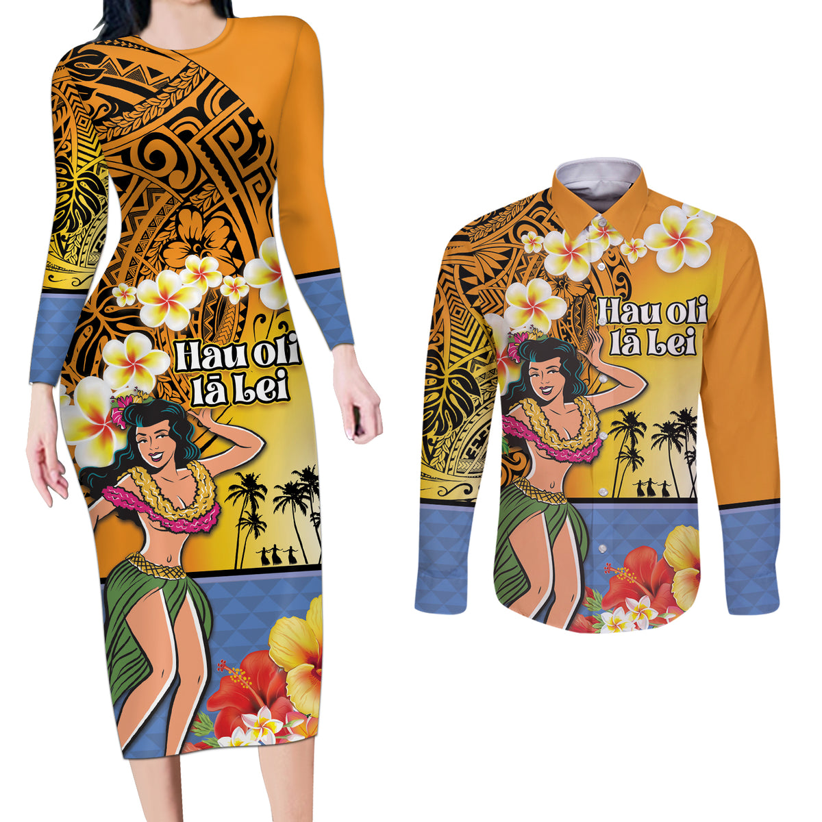 Happy Lei Day Couples Matching Long Sleeve Bodycon Dress and Long Sleeve Button Shirt Hula Girl Polynesian Flower Kakau Pattern LT03 Yellow - Polynesian Pride
