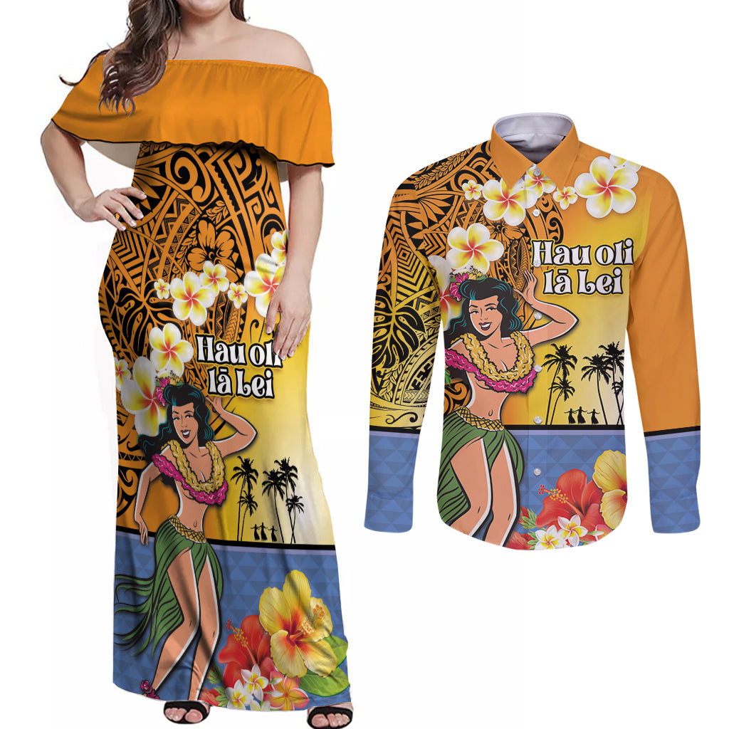 Happy Lei Day Couples Matching Off Shoulder Maxi Dress and Long Sleeve Button Shirt Hula Girl Polynesian Flower Kakau Pattern LT03 Yellow - Polynesian Pride