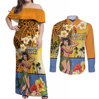 Happy Lei Day Couples Matching Off Shoulder Maxi Dress and Long Sleeve Button Shirt Hula Girl Polynesian Flower Kakau Pattern LT03 Yellow - Polynesian Pride