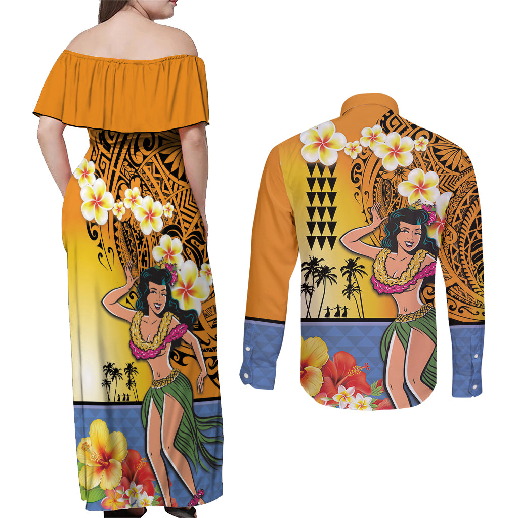 Happy Lei Day Couples Matching Off Shoulder Maxi Dress and Long Sleeve Button Shirt Hula Girl Polynesian Flower Kakau Pattern LT03 - Polynesian Pride