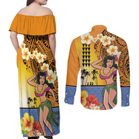 Happy Lei Day Couples Matching Off Shoulder Maxi Dress and Long Sleeve Button Shirt Hula Girl Polynesian Flower Kakau Pattern LT03 - Polynesian Pride
