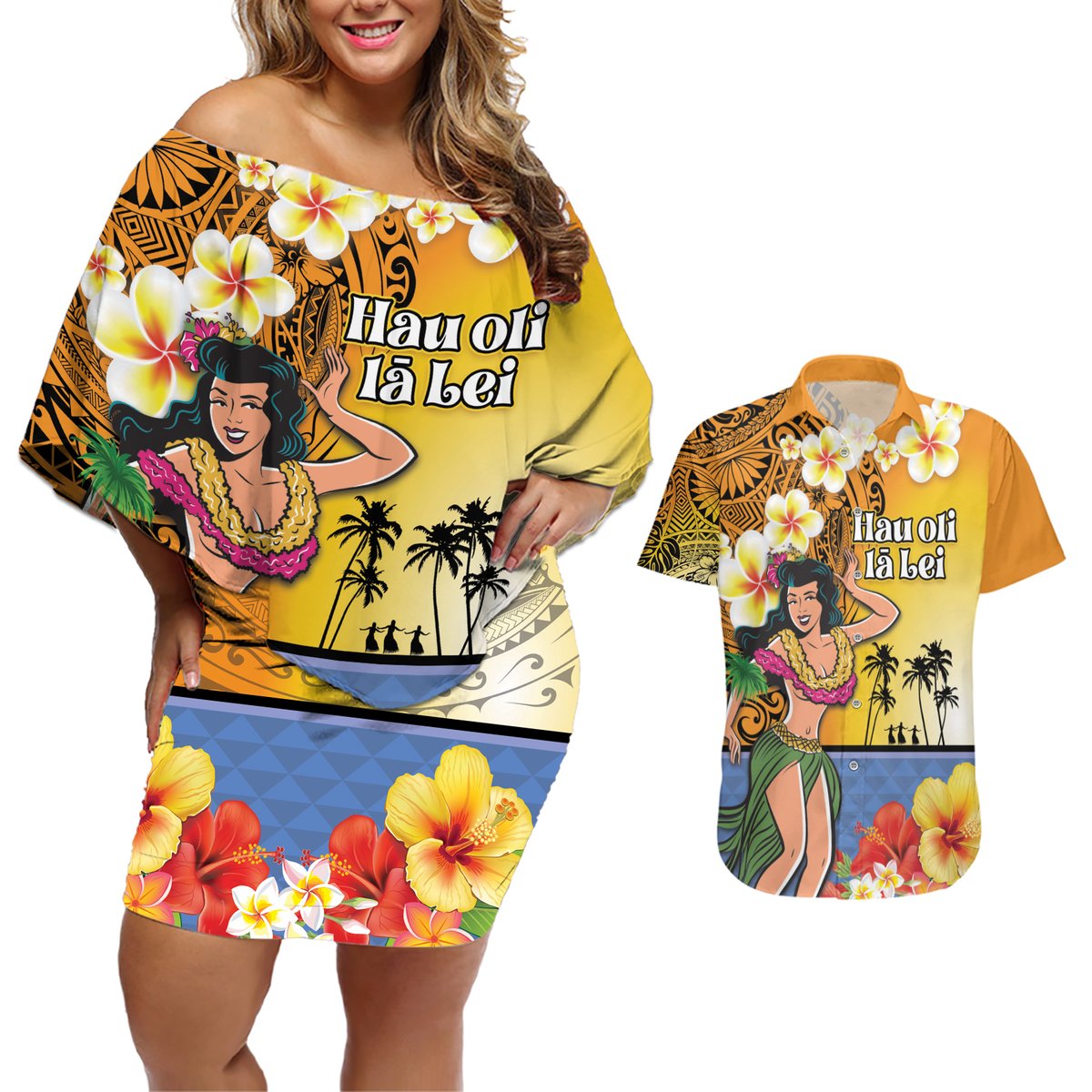 Happy Lei Day Couples Matching Off Shoulder Short Dress and Hawaiian Shirt Hula Girl Polynesian Flower Kakau Pattern LT03 Yellow - Polynesian Pride