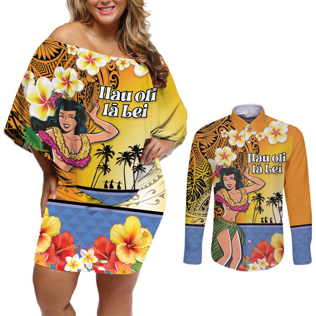 Happy Lei Day Couples Matching Off Shoulder Short Dress and Long Sleeve Button Shirt Hula Girl Polynesian Flower Kakau Pattern LT03 Yellow - Polynesian Pride