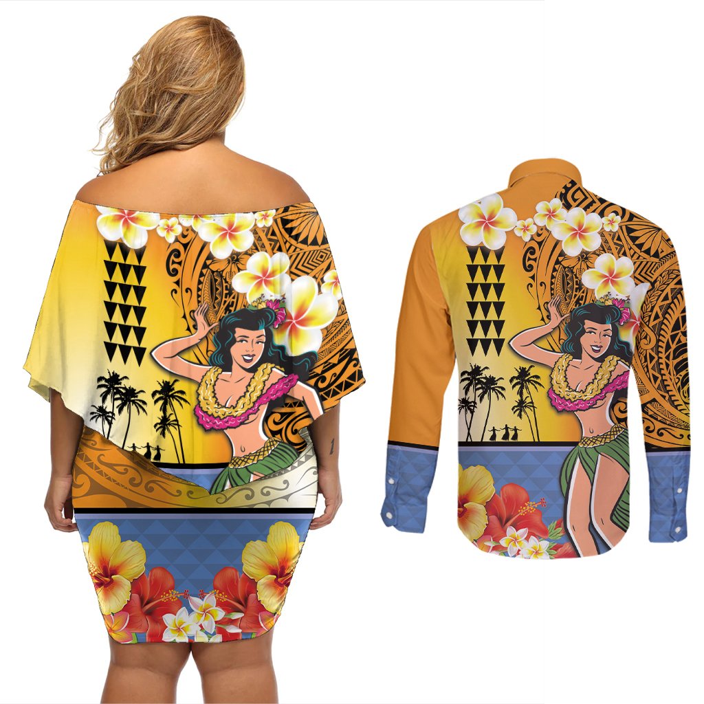 Happy Lei Day Couples Matching Off Shoulder Short Dress and Long Sleeve Button Shirt Hula Girl Polynesian Flower Kakau Pattern LT03 - Polynesian Pride