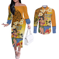 Happy Lei Day Couples Matching Off The Shoulder Long Sleeve Dress and Long Sleeve Button Shirt Hula Girl Polynesian Flower Kakau Pattern LT03 Yellow - Polynesian Pride