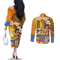 Happy Lei Day Couples Matching Off The Shoulder Long Sleeve Dress and Long Sleeve Button Shirt Hula Girl Polynesian Flower Kakau Pattern LT03 - Polynesian Pride