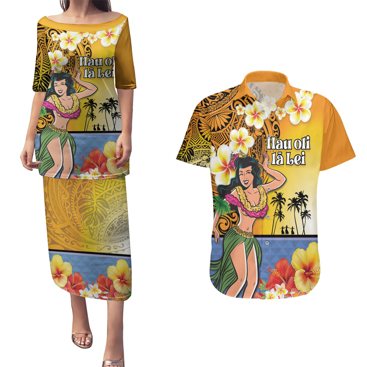 Happy Lei Day Couples Matching Puletasi and Hawaiian Shirt Hula Girl Polynesian Flower Kakau Pattern LT03 Yellow - Polynesian Pride