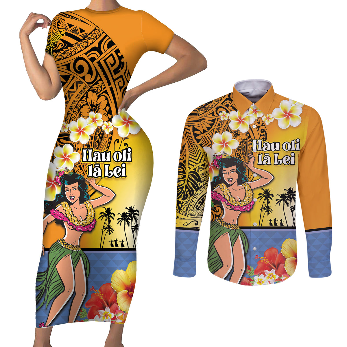 Happy Lei Day Couples Matching Short Sleeve Bodycon Dress and Long Sleeve Button Shirt Hula Girl Polynesian Flower Kakau Pattern LT03 Yellow - Polynesian Pride