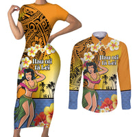 Happy Lei Day Couples Matching Short Sleeve Bodycon Dress and Long Sleeve Button Shirt Hula Girl Polynesian Flower Kakau Pattern LT03 Yellow - Polynesian Pride