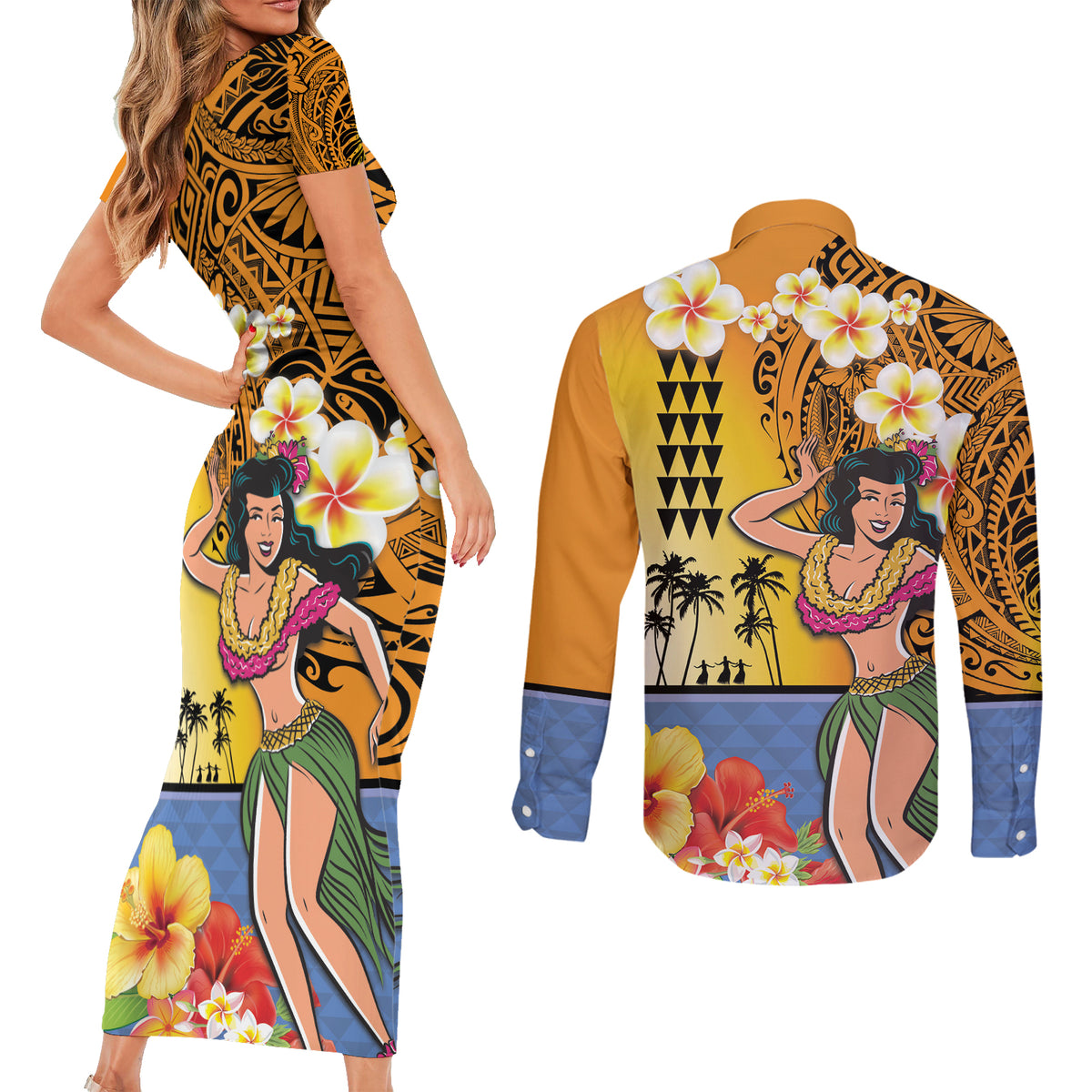 Happy Lei Day Couples Matching Short Sleeve Bodycon Dress and Long Sleeve Button Shirt Hula Girl Polynesian Flower Kakau Pattern LT03 - Polynesian Pride