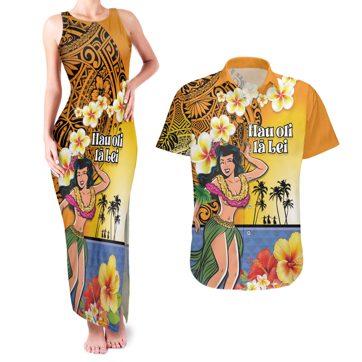 Happy Lei Day Couples Matching Tank Maxi Dress and Hawaiian Shirt Hula Girl Polynesian Flower Kakau Pattern LT03 Yellow - Polynesian Pride
