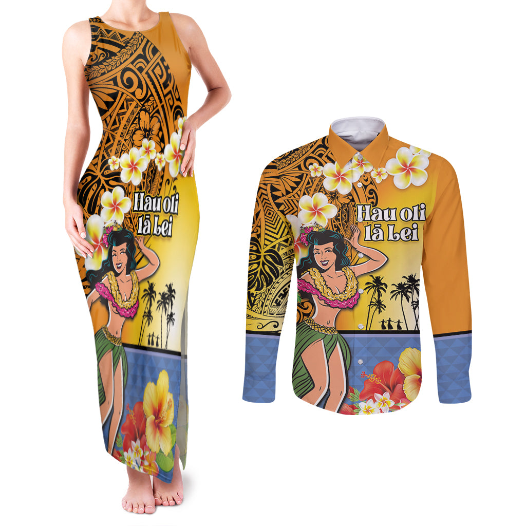 Happy Lei Day Couples Matching Tank Maxi Dress and Long Sleeve Button Shirt Hula Girl Polynesian Flower Kakau Pattern LT03 Yellow - Polynesian Pride