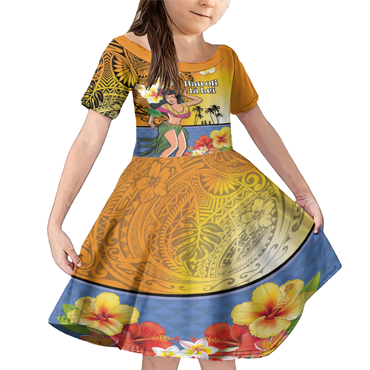 Happy Lei Day Family Matching Mermaid Dress and Hawaiian Shirt Hula Girl Polynesian Flower Kakau Pattern LT03 Daughter's Dress Yellow - Polynesian Pride
