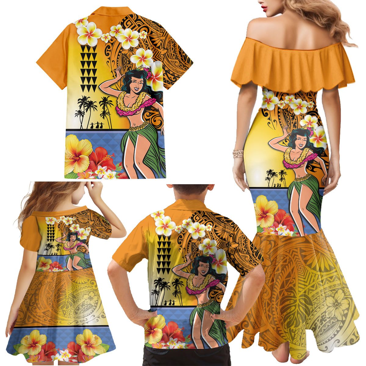 Happy Lei Day Family Matching Mermaid Dress and Hawaiian Shirt Hula Girl Polynesian Flower Kakau Pattern LT03 - Polynesian Pride