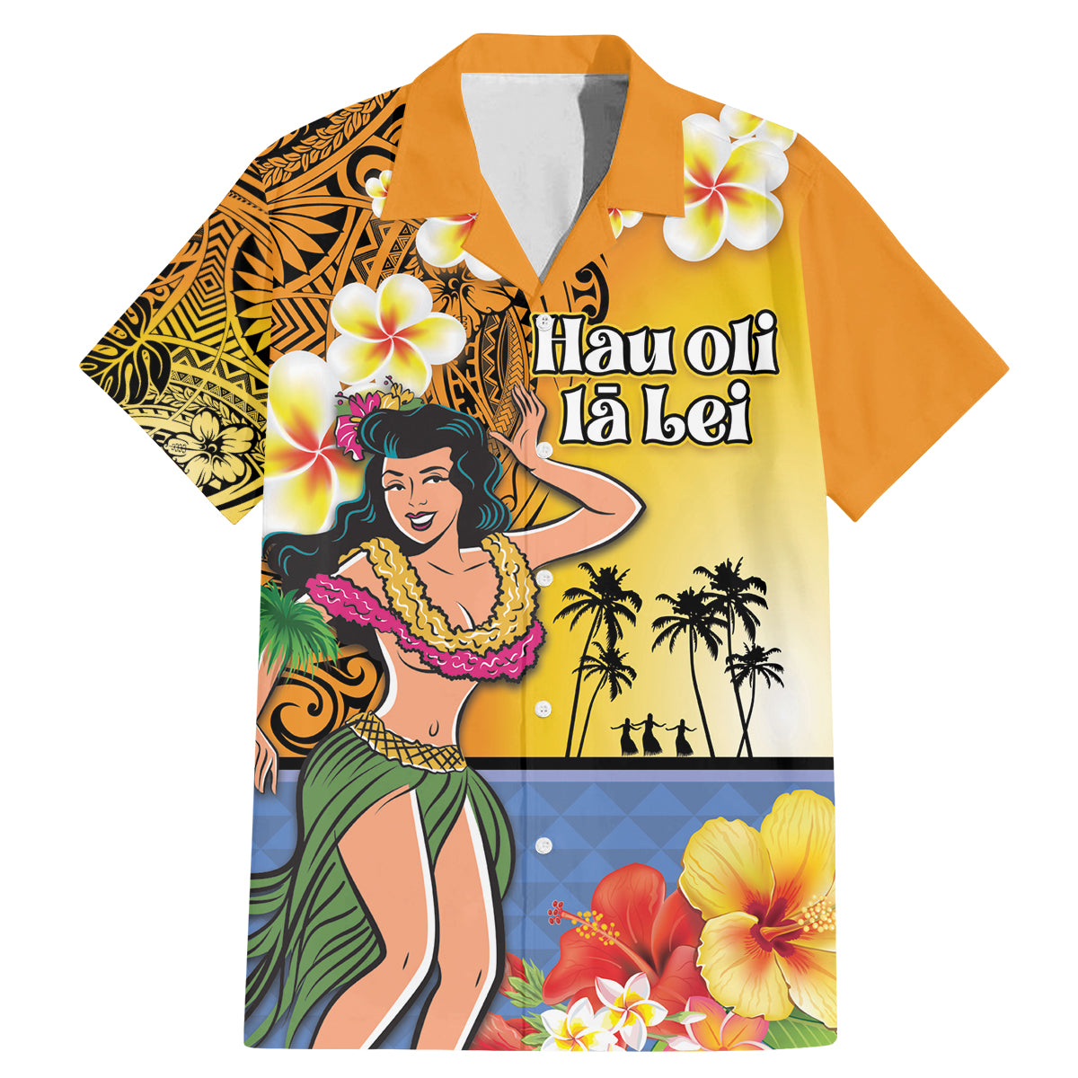Happy Lei Day Family Matching Mermaid Dress and Hawaiian Shirt Hula Girl Polynesian Flower Kakau Pattern LT03 Dad's Shirt - Short Sleeve Yellow - Polynesian Pride