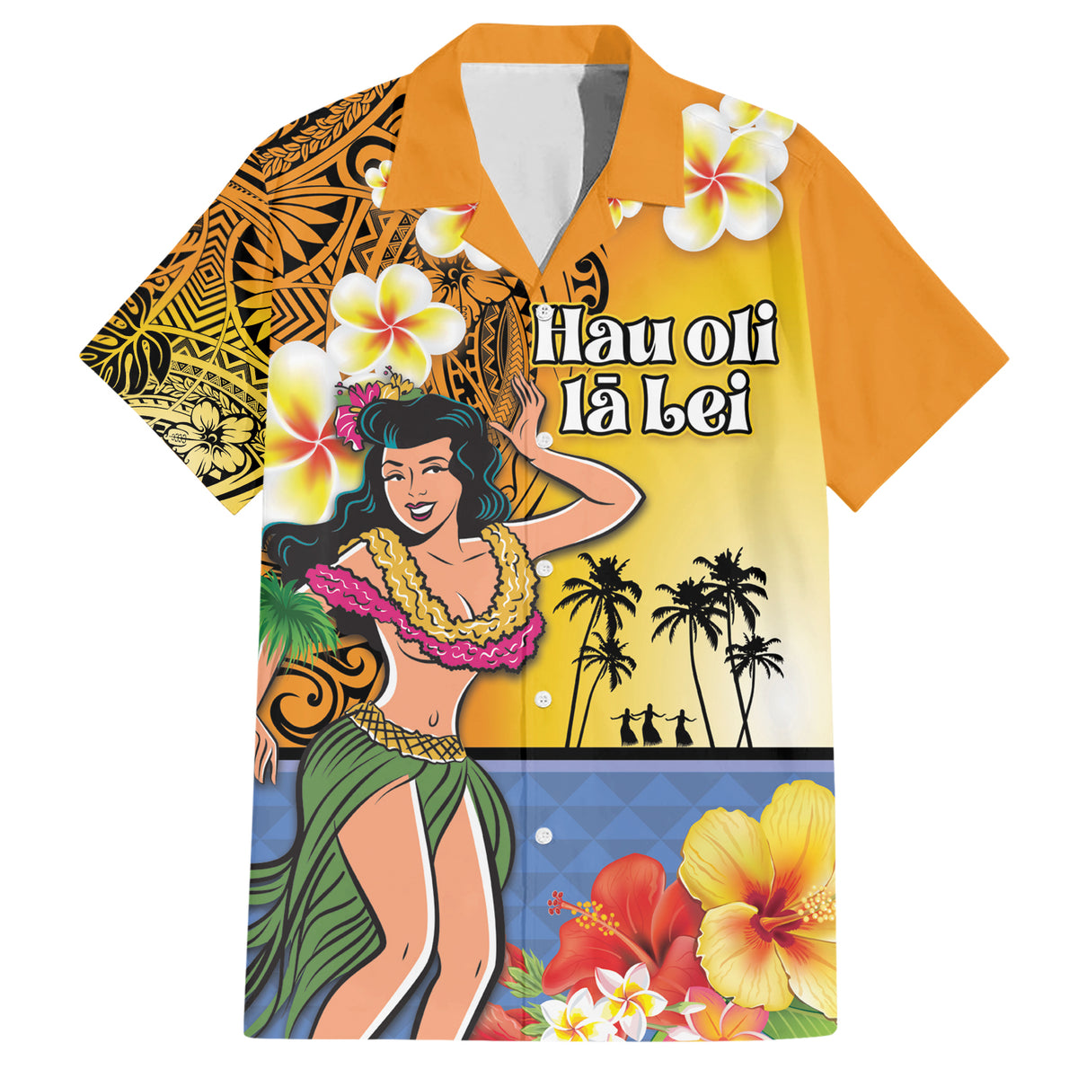 Happy Lei Day Family Matching Short Sleeve Bodycon Dress and Hawaiian Shirt Hula Girl Polynesian Flower Kakau Pattern LT03 Dad's Shirt - Short Sleeve Yellow - Polynesian Pride