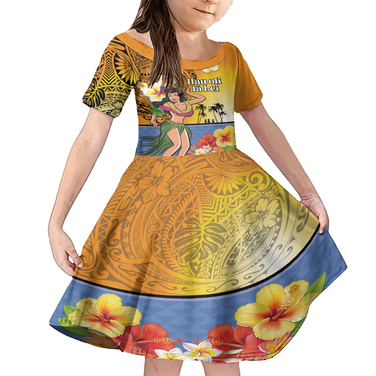 Happy Lei Day Family Matching Summer Maxi Dress and Hawaiian Shirt Hula Girl Polynesian Flower Kakau Pattern LT03 Daughter's Dress Yellow - Polynesian Pride