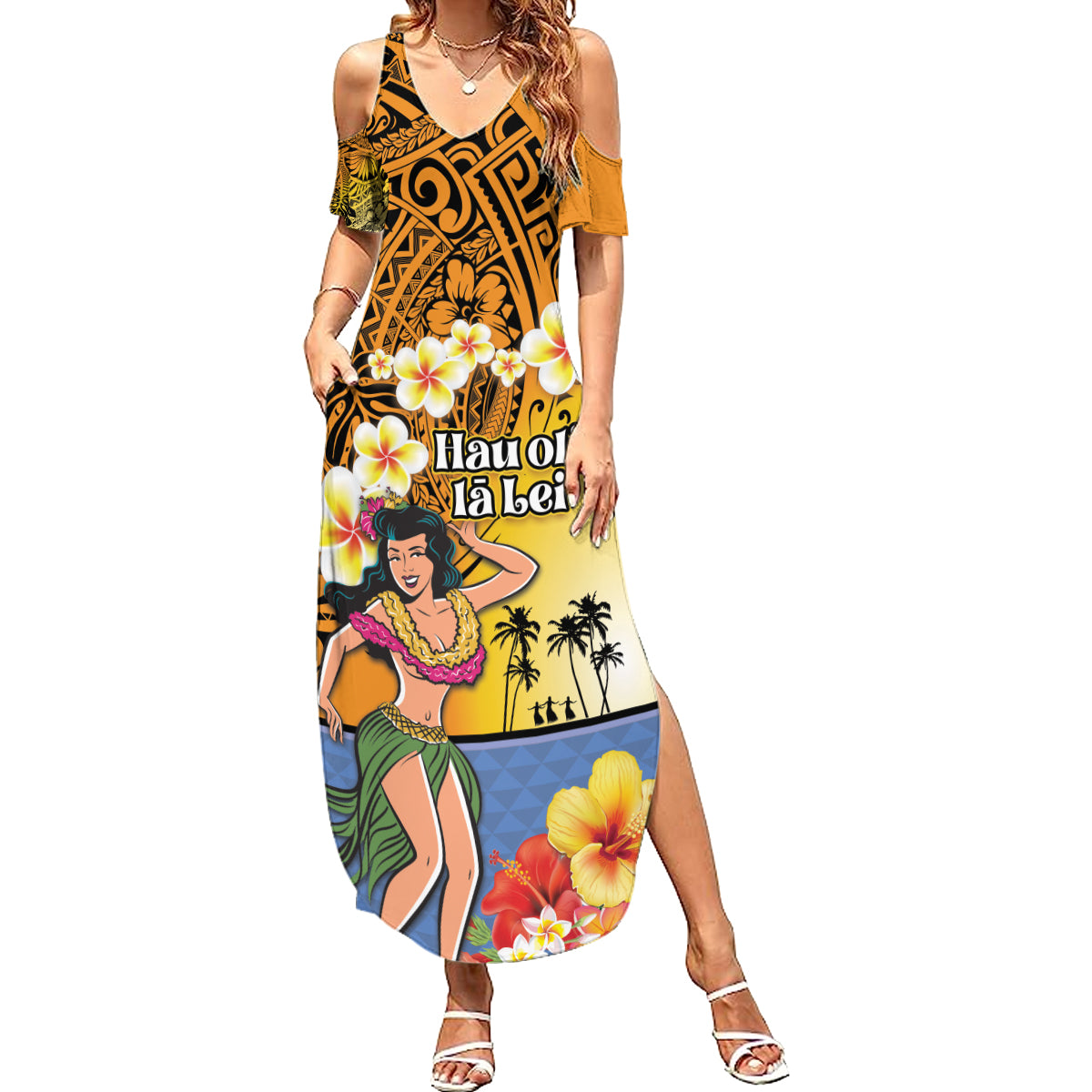 Happy Lei Day Family Matching Summer Maxi Dress and Hawaiian Shirt Hula Girl Polynesian Flower Kakau Pattern LT03 Mom's Dress Yellow - Polynesian Pride