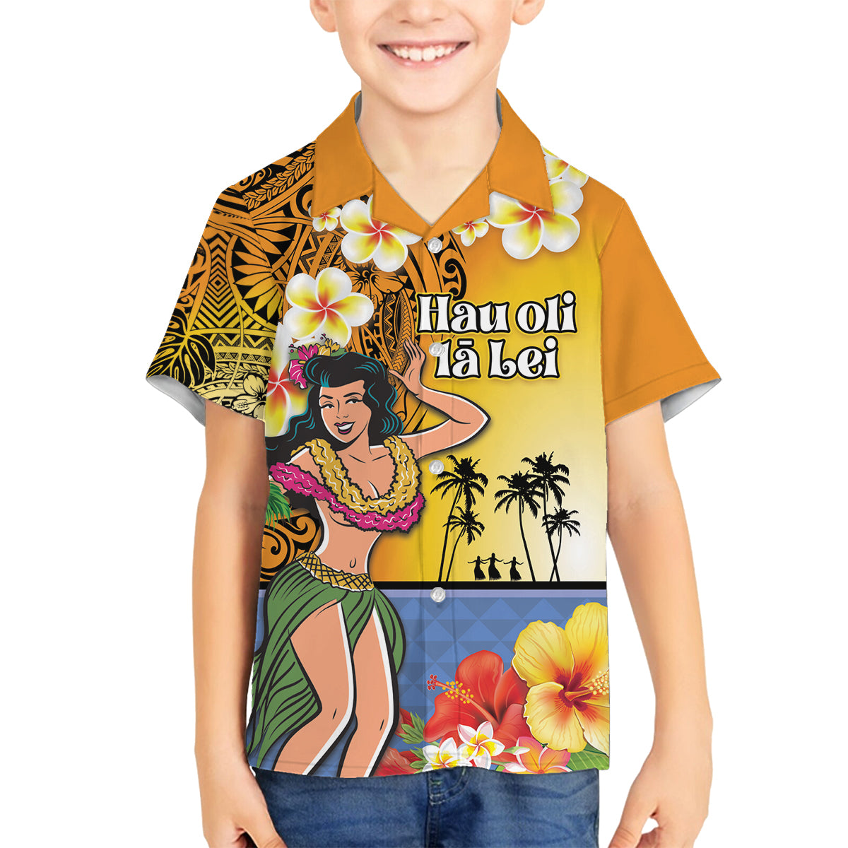 Happy Lei Day Family Matching Summer Maxi Dress and Hawaiian Shirt Hula Girl Polynesian Flower Kakau Pattern LT03 Son's Shirt Yellow - Polynesian Pride