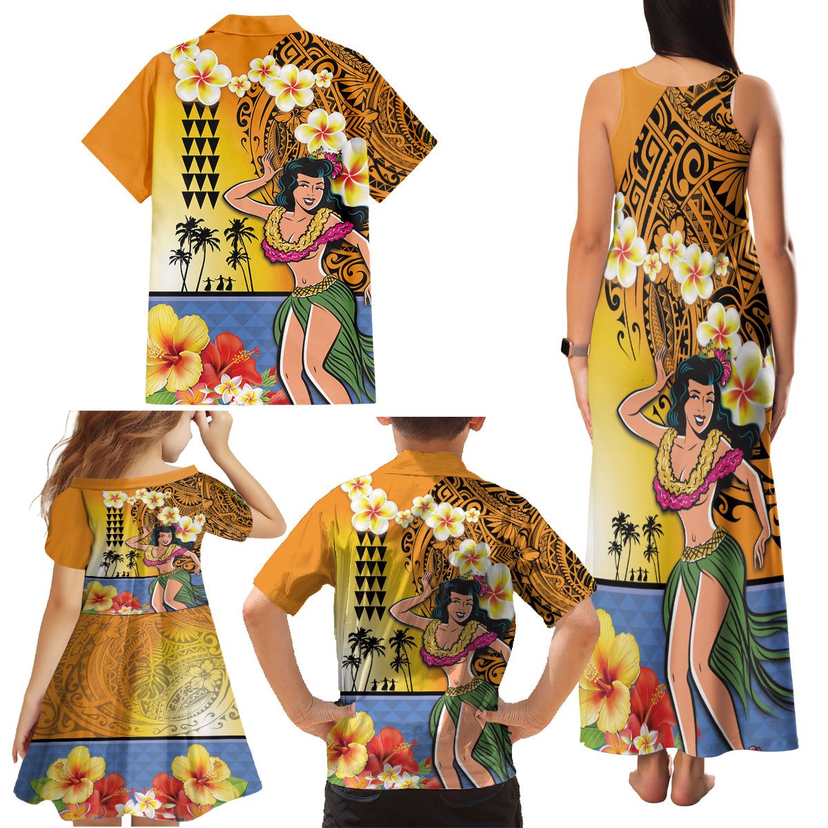 Happy Lei Day Family Matching Tank Maxi Dress and Hawaiian Shirt Hula Girl Polynesian Flower Kakau Pattern LT03 - Polynesian Pride