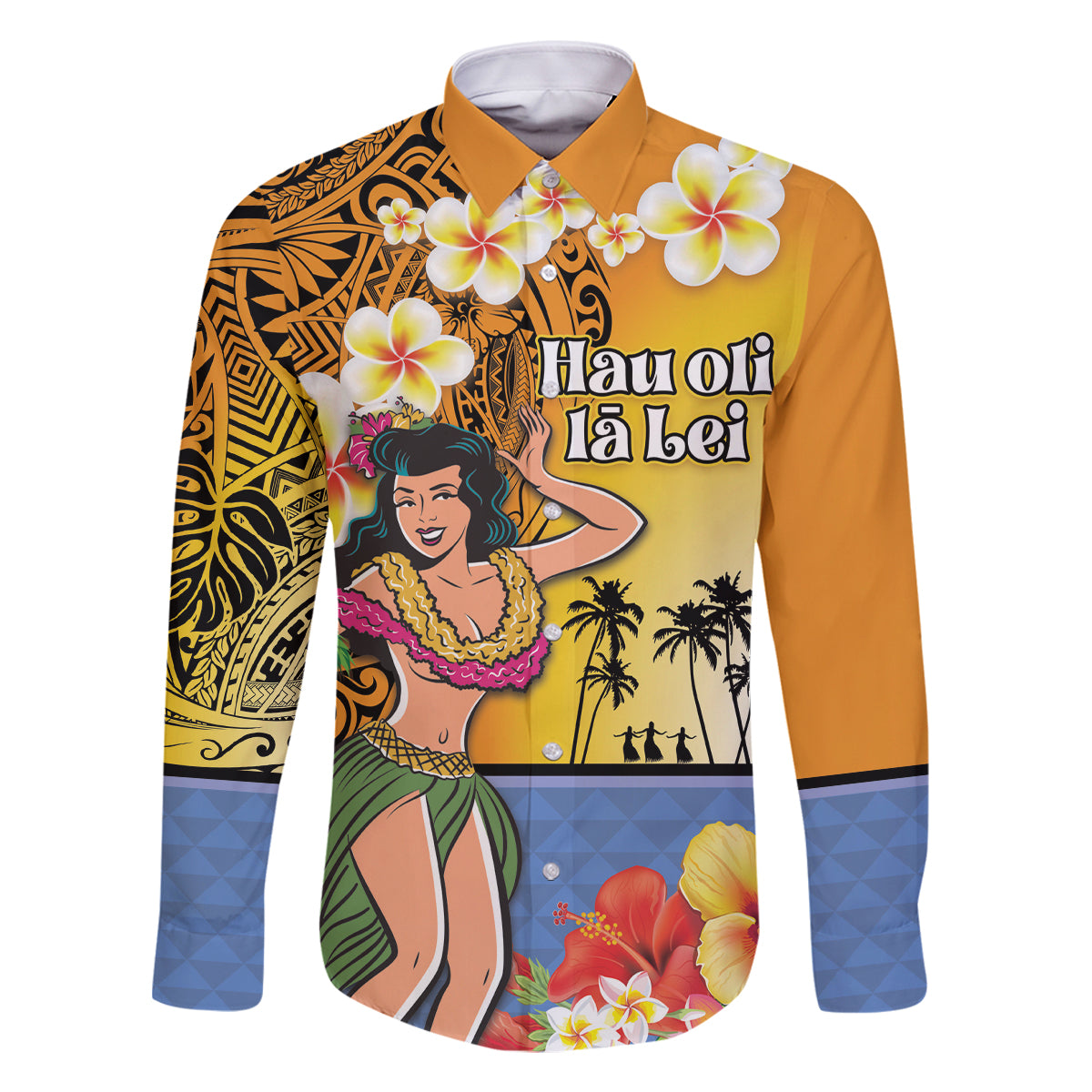 Happy Lei Day Family Matching Tank Maxi Dress and Hawaiian Shirt Hula Girl Polynesian Flower Kakau Pattern LT03 Dad's Shirt - Long Sleeve Yellow - Polynesian Pride