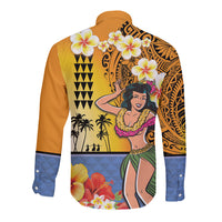 Happy Lei Day Long Sleeve Button Shirt Hula Girl Polynesian Flower Kakau Pattern