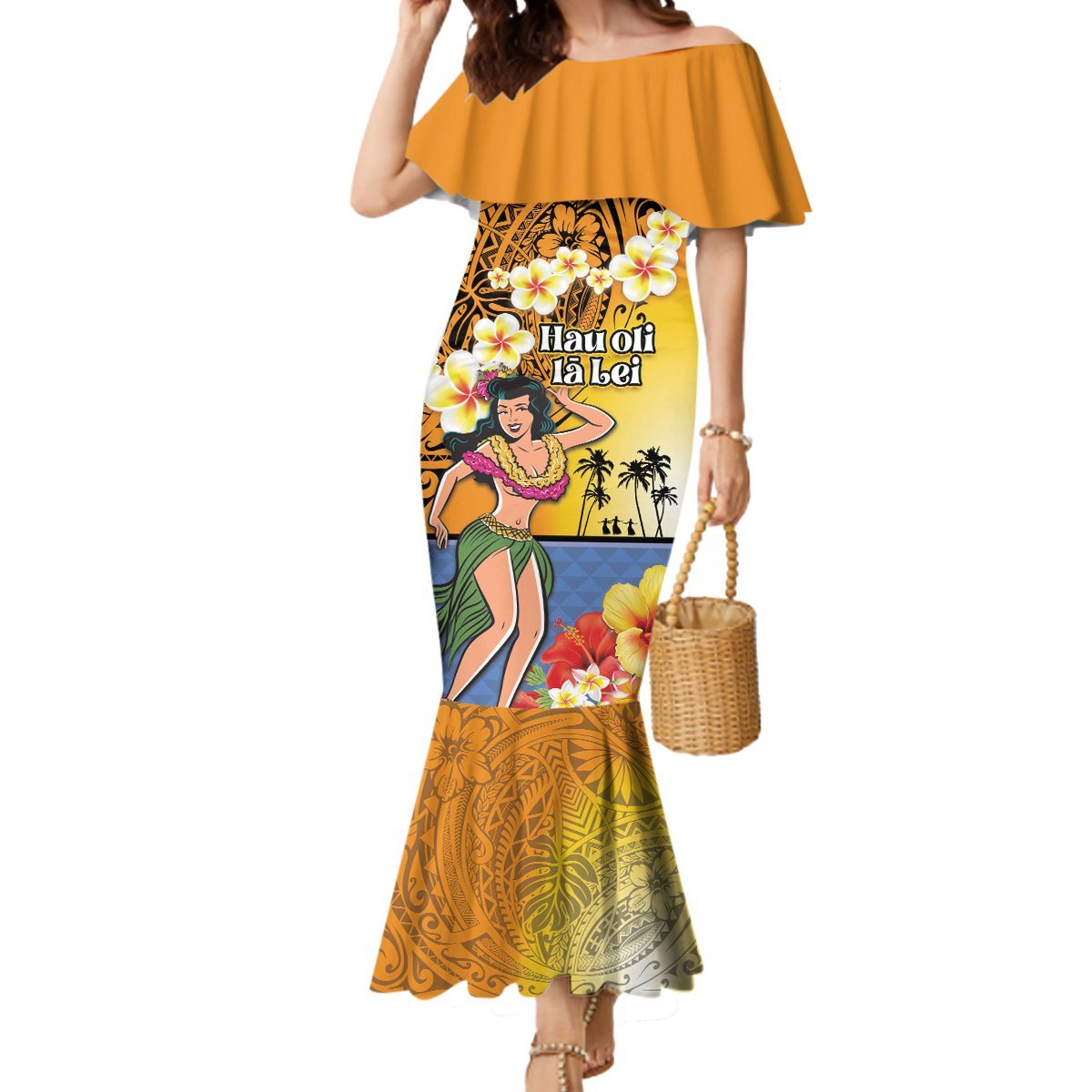Happy Lei Day Mermaid Dress Hula Girl Polynesian Flower Kakau Pattern LT03 Women Yellow - Polynesian Pride