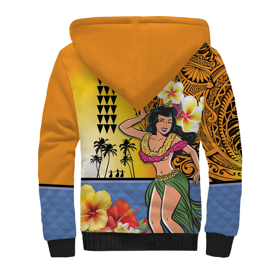 Happy Lei Day Sherpa Hoodie Hula Girl Polynesian Flower Kakau Pattern