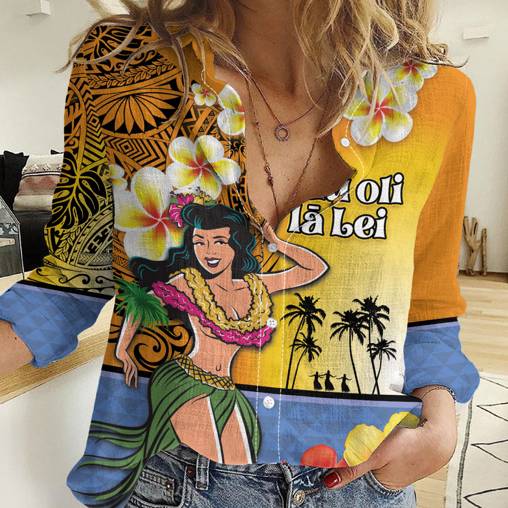 Happy Lei Day Women Casual Shirt Hula Girl Polynesian Flower Kakau Pattern LT03 Female Yellow - Polynesian Pride