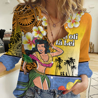Happy Lei Day Women Casual Shirt Hula Girl Polynesian Flower Kakau Pattern LT03 Female Yellow - Polynesian Pride