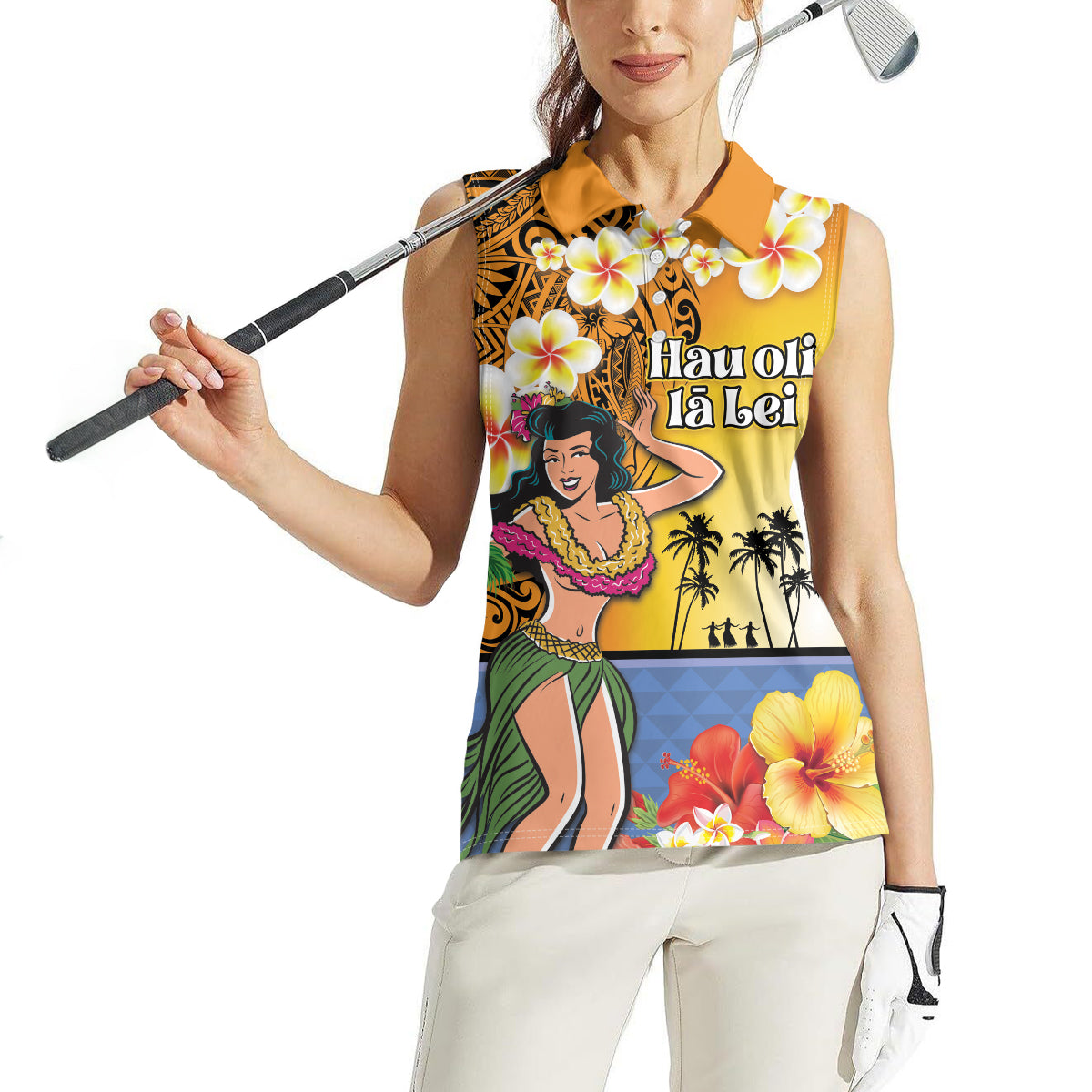 Happy Lei Day Women Sleeveless Polo Shirt Hula Girl Polynesian Flower Kakau Pattern