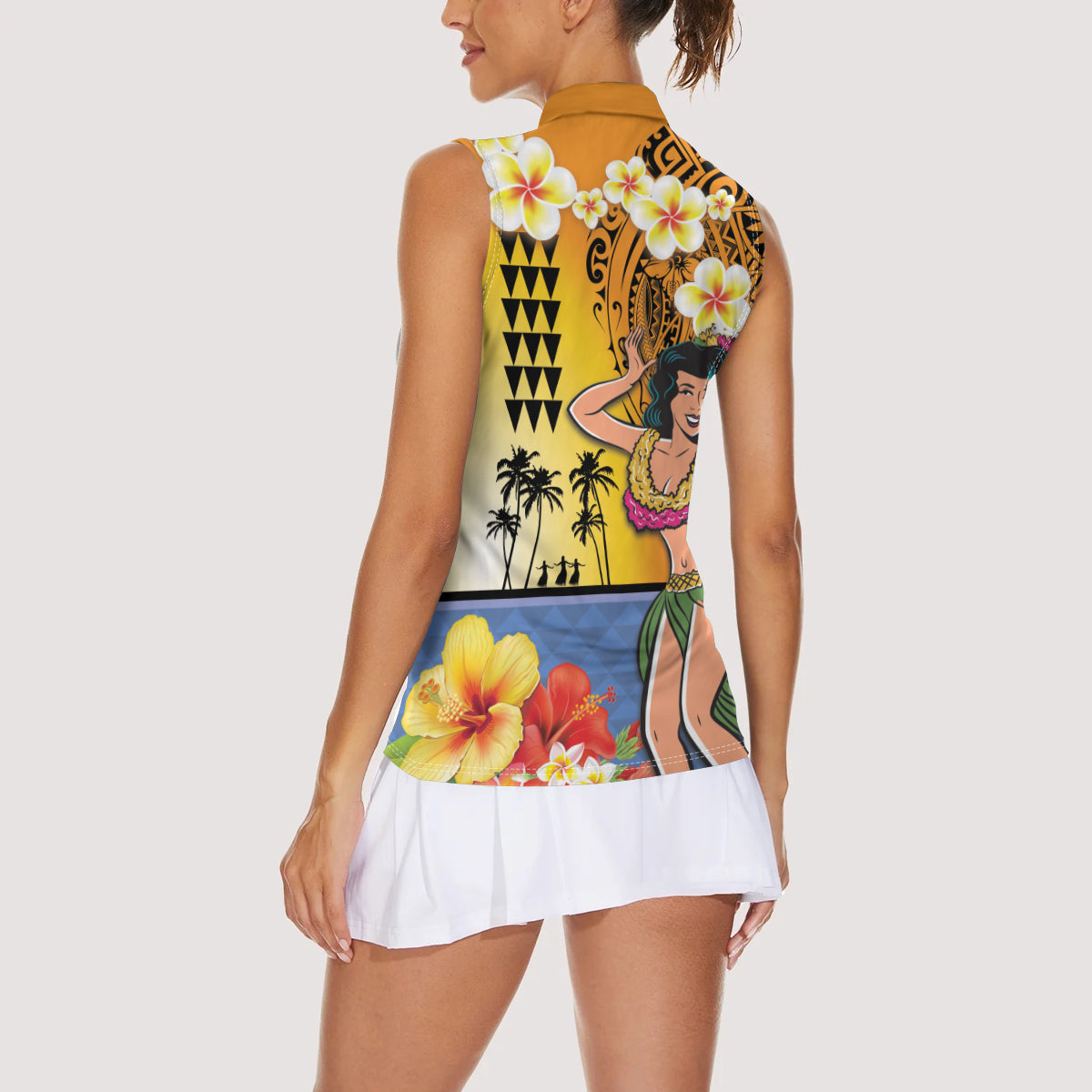 Happy Lei Day Women Sleeveless Polo Shirt Hula Girl Polynesian Flower Kakau Pattern