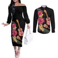 Ukulele mix Polynesian Flower Couples Matching Off The Shoulder Long Sleeve Dress and Long Sleeve Button Shirt Hawaiian Tribal Pattern LT03 Black - Polynesian Pride