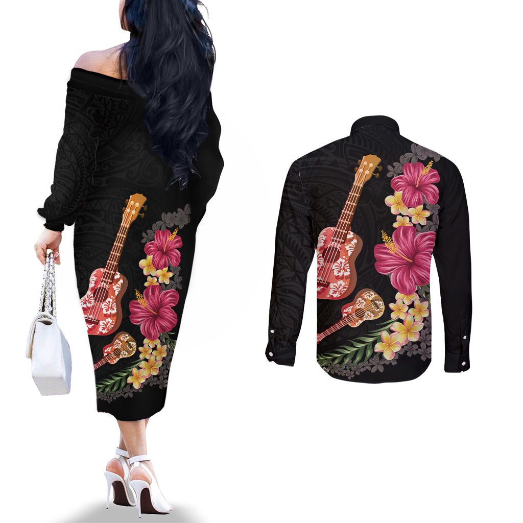 Ukulele mix Polynesian Flower Couples Matching Off The Shoulder Long Sleeve Dress and Long Sleeve Button Shirt Hawaiian Tribal Pattern LT03 - Polynesian Pride